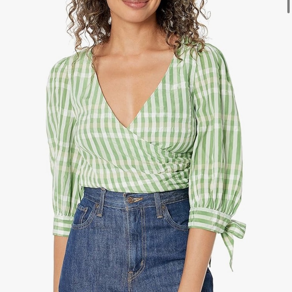 CINQ A SEPT Wrap Top Blouse Cropped XL Green Plaid Gingham NWT